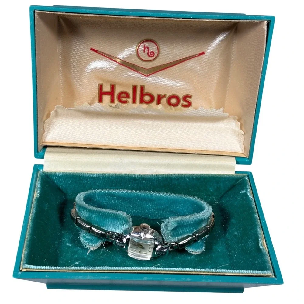 Vintage Helbros 1950s 1/20 12k Top Womens Cocktail Watch Silver Tone with Box